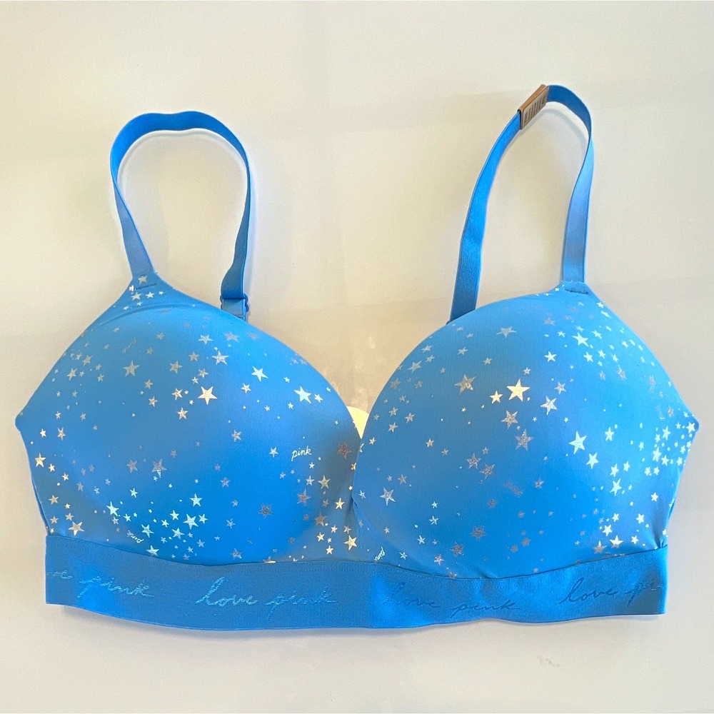 PINK Wireless Push-Up Bra Padded Adjustable Strap Blue Silver Stars 38D NWT